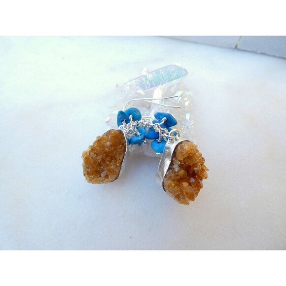 Natural Rough Citrine Turquoise Sterling Silver Dangle Earrings Healing Jewelry - Picture 8 of 8